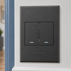 Veti 3 - Two Lever - 1 x Bell Press & 1 x Two Way Light Switch - Graphite / Graphite lifestyle image: Tight detail of the flush switch face in a hallway