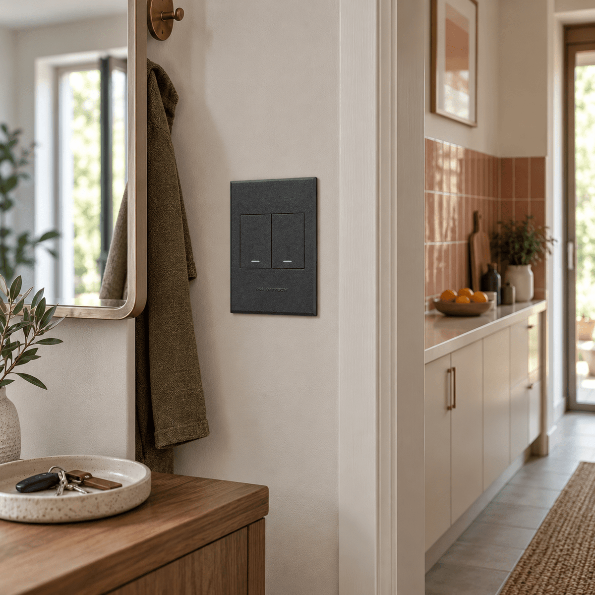 Veti 3 - Two Lever - 1 x Bell Press & 1 x Two Way Light Switch - Graphite / Graphite lifestyle image: Graphite switch at the kitchen corridor entrance