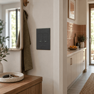 Veti 3 - Two Lever - 1 x Bell Press & 1 x Two Way Light Switch - Graphite / Graphite lifestyle image: Graphite switch at the kitchen corridor entrance