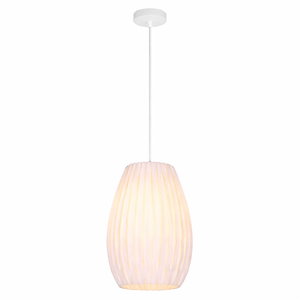 White pendant light with ribbed design on a white background