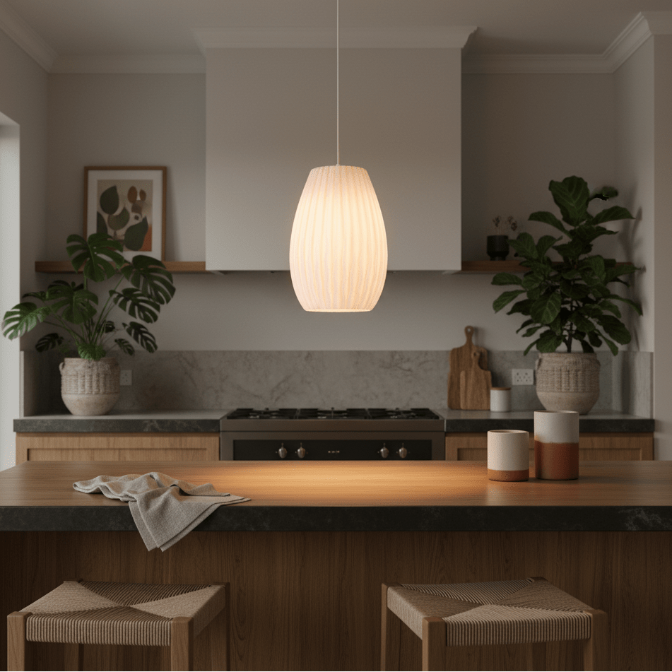 A white 3D printed pendant light hangs above a wooden kitchen island, surrounded by plants and decor.