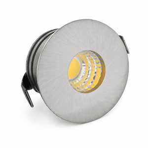 3W round LED downlight in satin chrome finish, showcasing a sleek design for recessed installation.