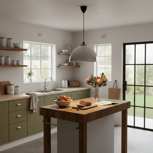 Modern LED pendant light with a satin aluminium finish hanging over a kitchen island with fresh fruits and flowers.