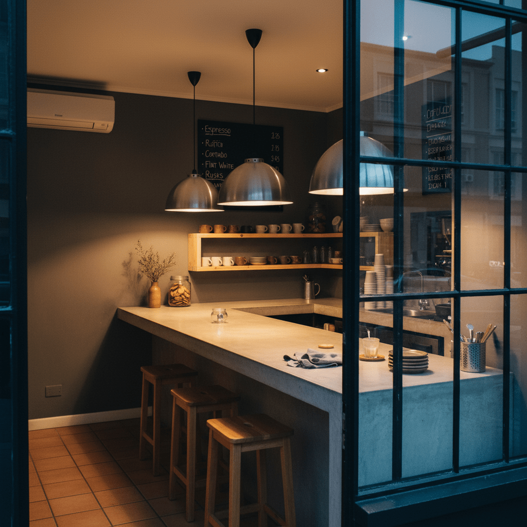 Modern kitchen scene featuring sleek cone pendant lights above a concrete countertop with wooden stools.