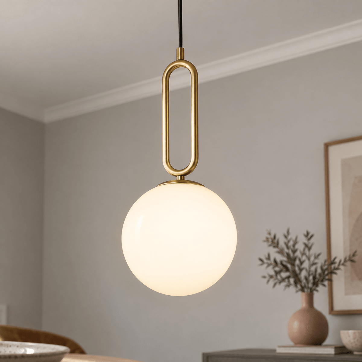 Croquet Large Pendant Light lifestyle image: Close detail of the pendant, showing diffusion and antique brass