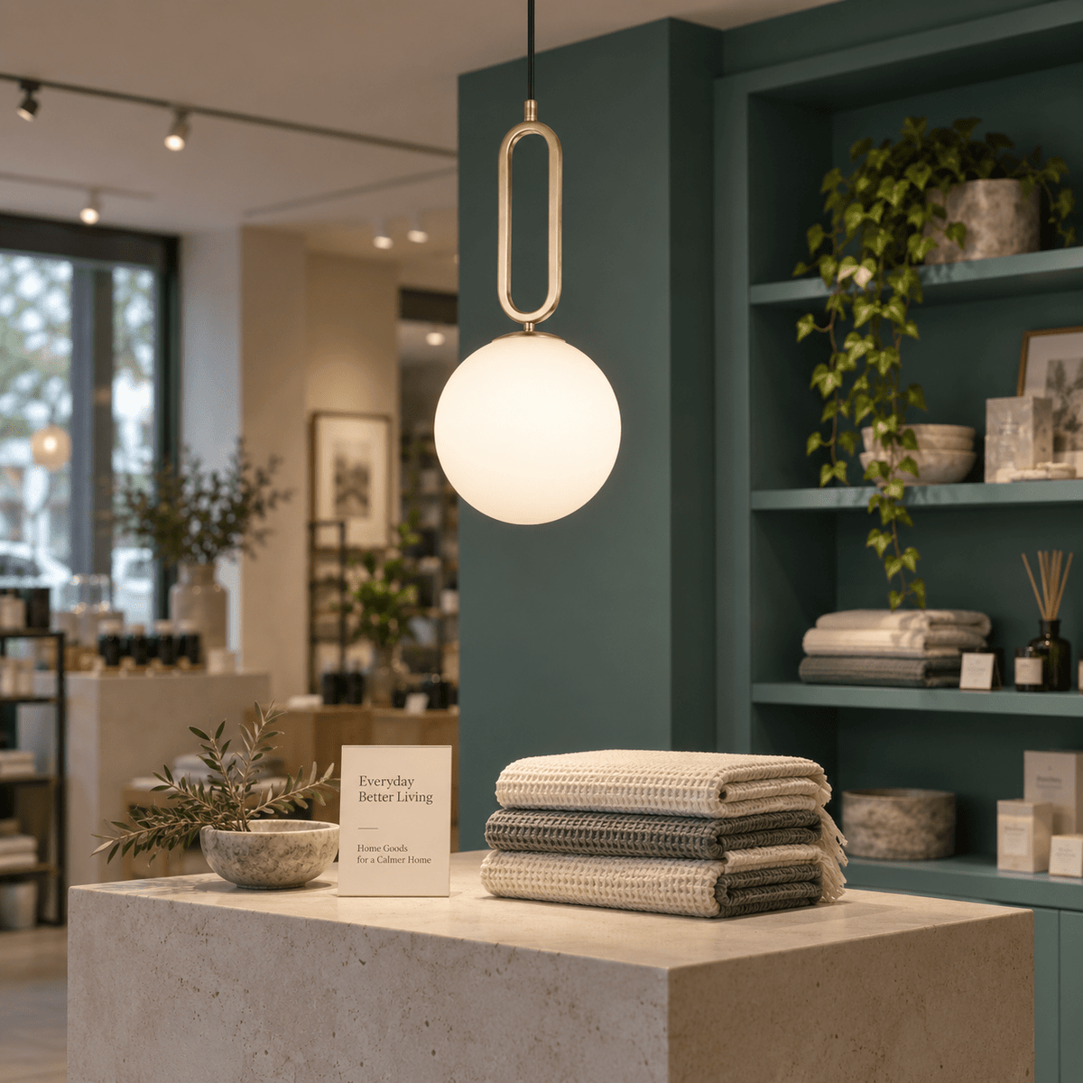 Croquet Large Pendant Light lifestyle image: Retail space feature lighting over a display table
