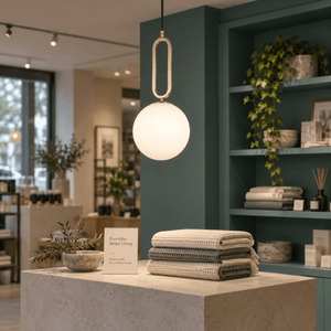 Croquet Large Pendant Light lifestyle image: Retail space feature lighting over a display table