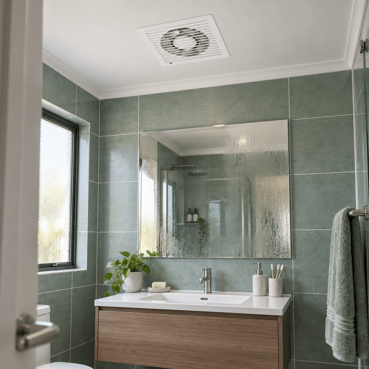 6 Inch (150mm) Bathroom Extractor Fan lifestyle image: Steam-clearing bathroom above a vanity