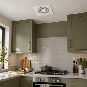 6 Inch (150mm) Bathroom Extractor Fan lifestyle image: Compact kitchen ventilation above the stove wall