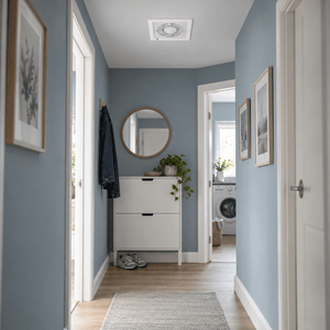 6 Inch (150mm) Bathroom Extractor Fan lifestyle image: Quiet hallway utility ceiling with muted blue accents