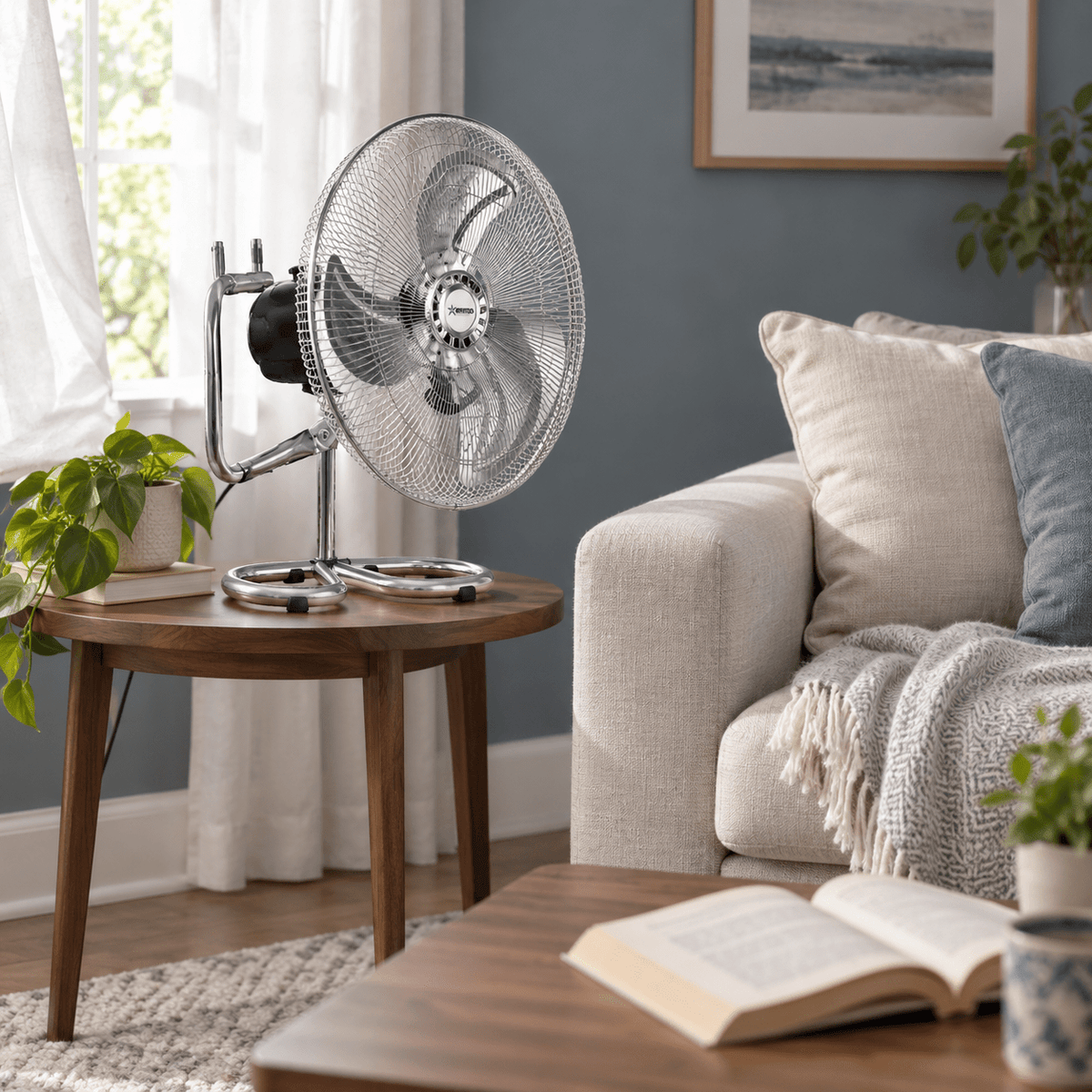 BreezeFlex 3-in-1 Adjustable Fan lifestyle image: Living room corner airflow with table-top use