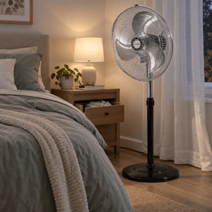 BreezeFlex 3-in-1 Adjustable Fan lifestyle image: Bedroom night breeze with floor-fan use