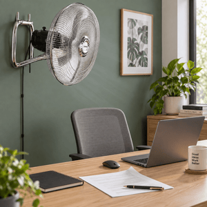 BreezeFlex 3-in-1 Adjustable Fan lifestyle image: Home office airflow with wall-fan mounting