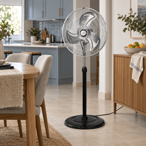 BreezeFlex 3-in-1 Adjustable Fan lifestyle image: Kitchen/dining area cooling on floor-fan with open-plan context