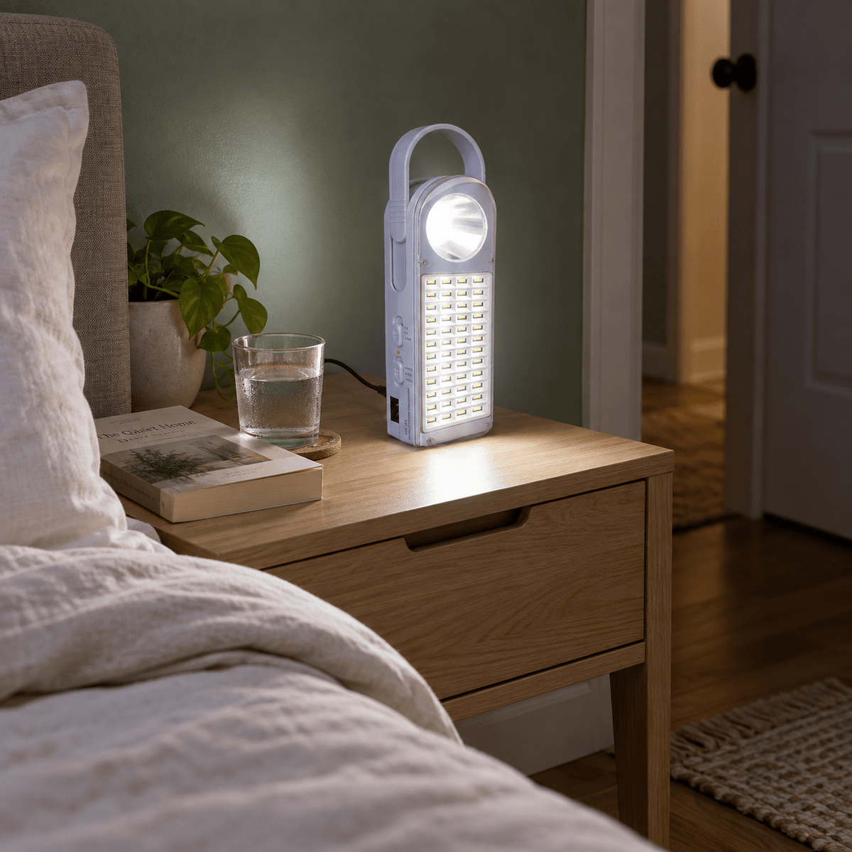LumaGuard Rechargeable Emergency Light lifestyle image: Bedroom side-table spill light for safe movement at night