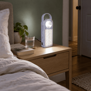 LumaGuard Rechargeable Emergency Light lifestyle image: Bedroom side-table spill light for safe movement at night