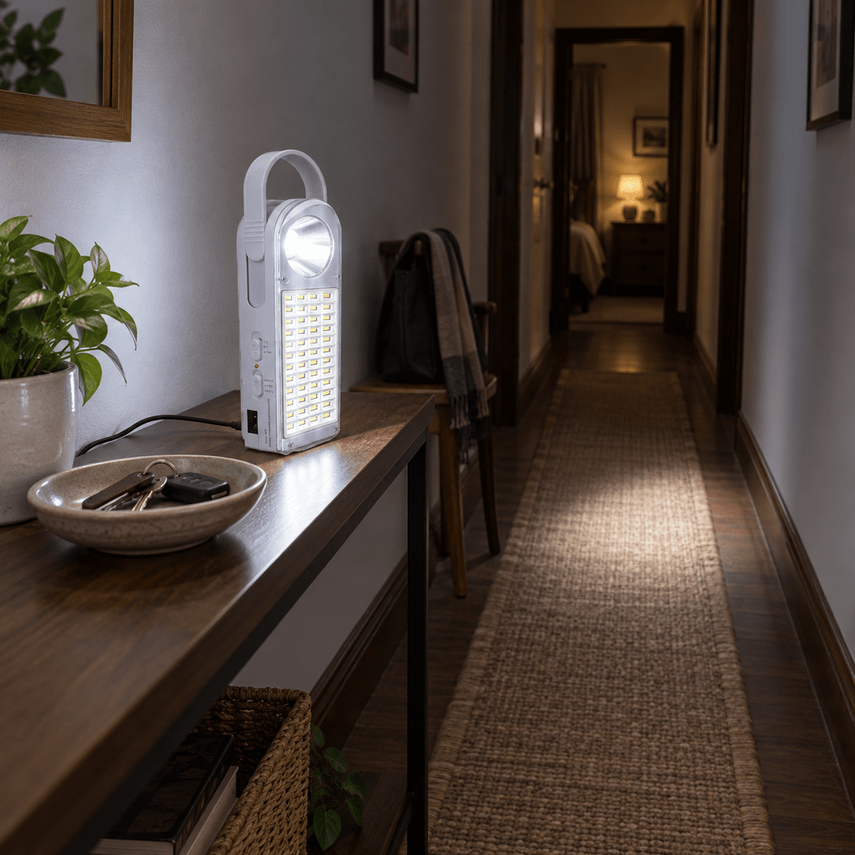 LumaGuard Rechargeable Emergency Light lifestyle image: Hallway passageway safety light with corridor depth
