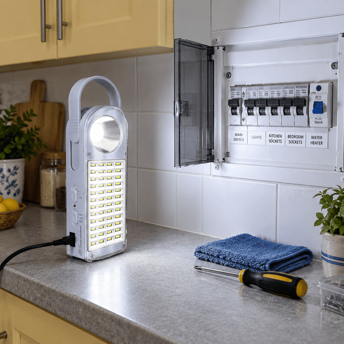 LumaGuard Rechargeable Emergency Light lifestyle image: DB board check on a kitchen/workbench during daytime outage