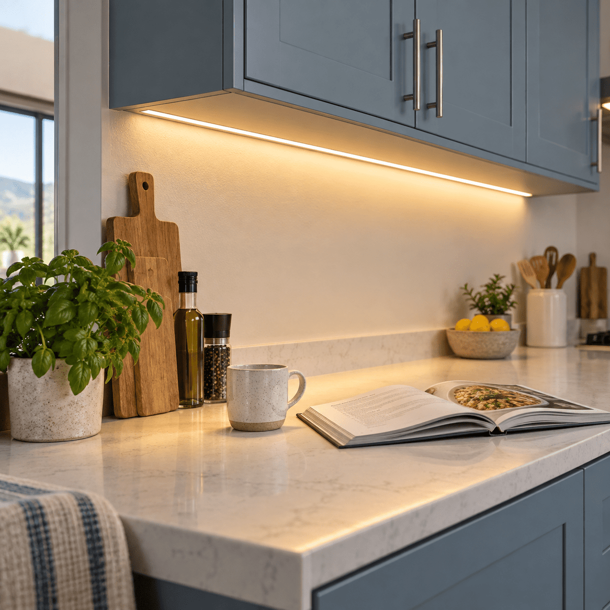 LED Strip Light 24V – 8W COB CRI90 (5 Year) – Warm White (3000K) lifestyle image: Under-cupboard kitchen task line