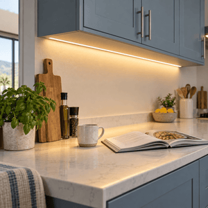 LED Strip Light 24V – 8W COB CRI90 (5 Year) – Warm White (3000K) lifestyle image: Under-cupboard kitchen task line