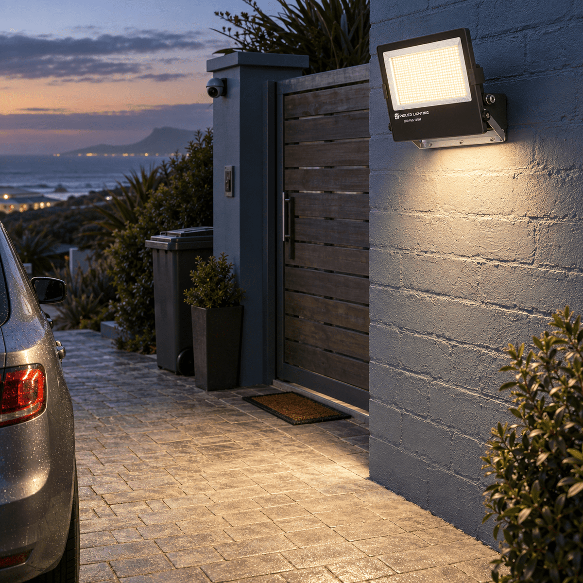 Voltron 4CCT Coastal Floodlight 120W/160W/200W lifestyle image: Coastal driveway boundary coverage