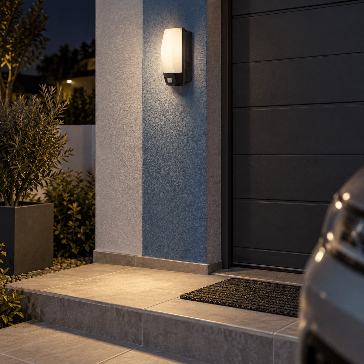 Outdoor Wall Mount Motion Sensor Bulkhead lifestyle image: Garage entrance bulkhead by a tiled stoep