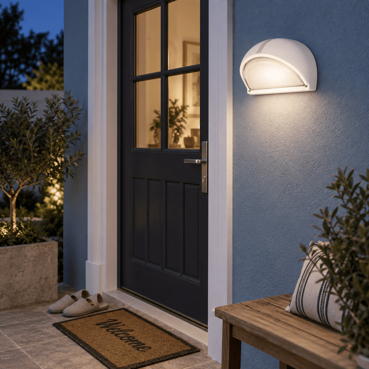 White Aluminium Wall Light with Frosted Glass IP54 lifestyle image: Entryway wall light beside the front door