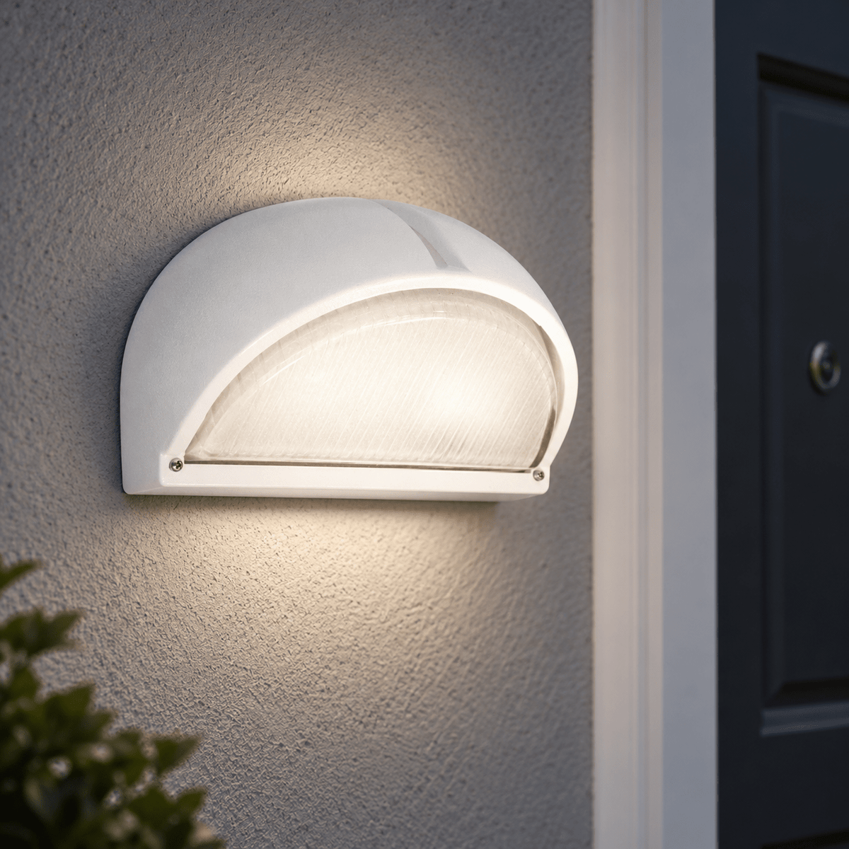 White Aluminium Wall Light with Frosted Glass IP54 lifestyle image: Close detail of mounting and frosted glass glow