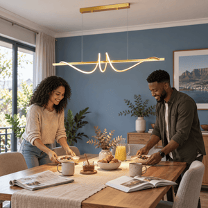 LED Rhythm Pendant 50W - Gold lifestyle image: Dining room pendant over a breakfast table