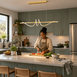 LED Rhythm Pendant 50W - Gold lifestyle image: Kitchen island task prep with muted sage cabinetry