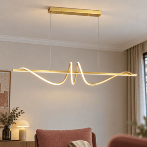 LED Rhythm Pendant 50W - Gold lifestyle image: Close detail of gold pendant above the dining ceiling