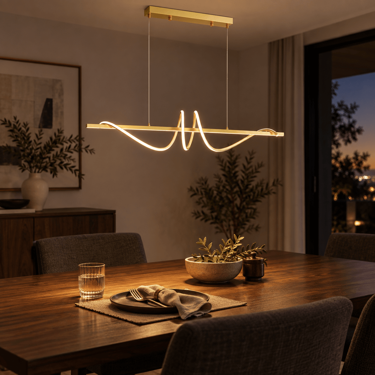 LED Rhythm Pendant 50W - Gold lifestyle image: Evening dinner with warm pendant glow over a dark wood table