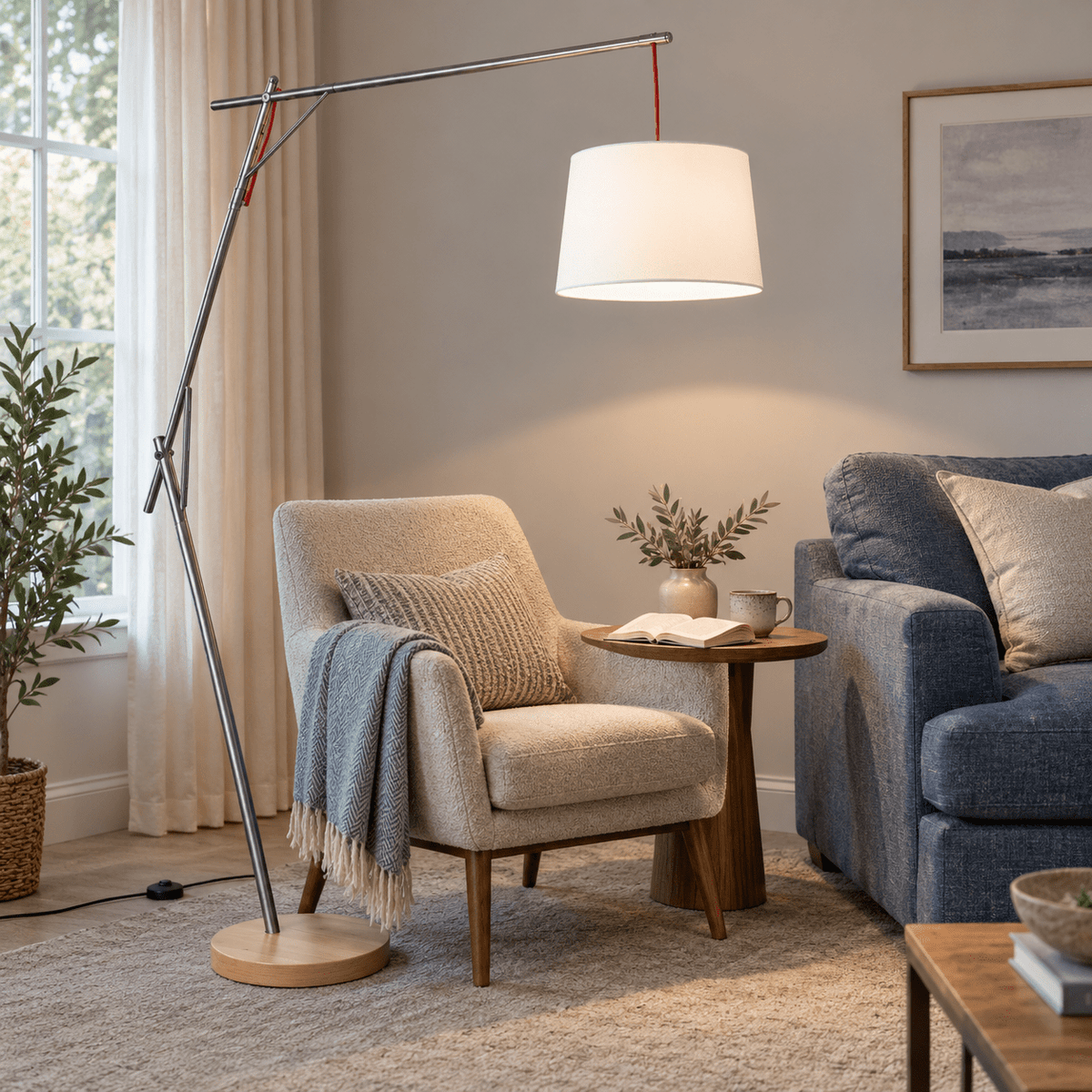 Cantilever Floor Lamp with Foot Switch & White Shade lifestyle image: Reading nook beside a dusty-blue sofa