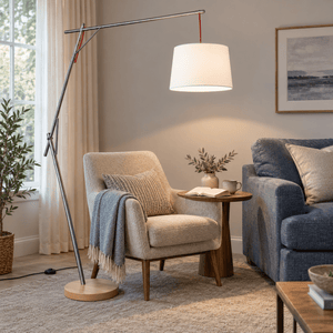 Cantilever Floor Lamp with Foot Switch & White Shade lifestyle image: Reading nook beside a dusty-blue sofa