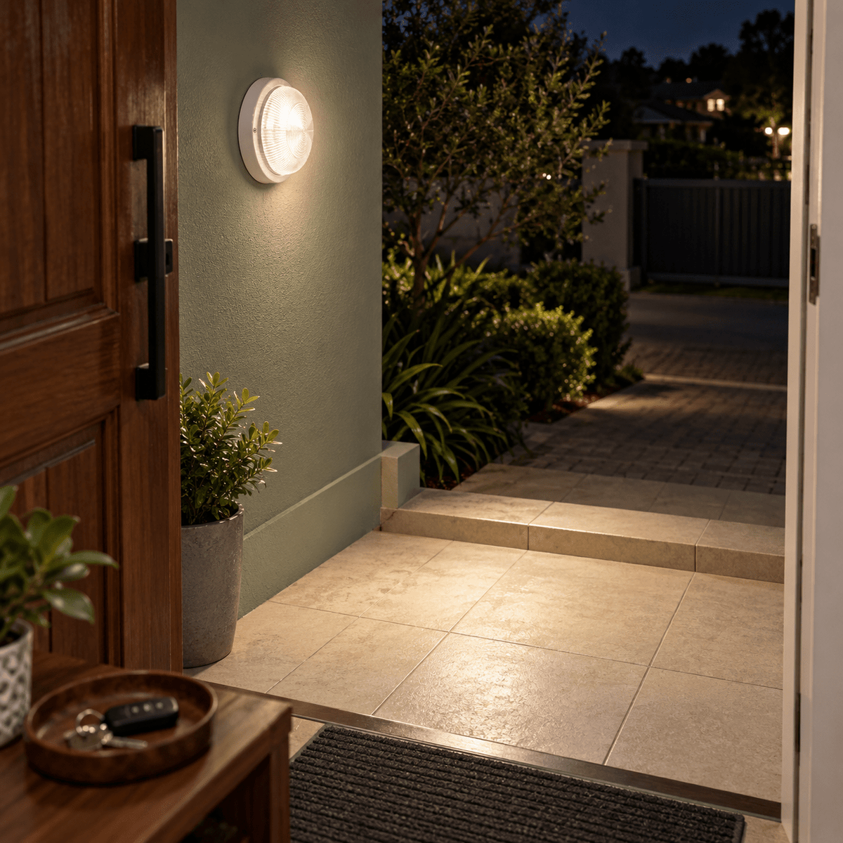 PVC Bulkhead with Clear Glass IP54 - White lifestyle image: Front door entrance, steps safely lit