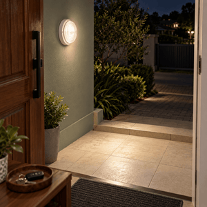 PVC Bulkhead with Clear Glass IP54 - White lifestyle image: Front door entrance, steps safely lit