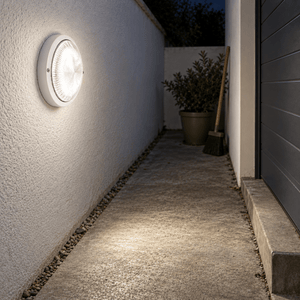PVC Bulkhead with Clear Glass IP54 - White lifestyle image: Exterior passage corridor, utility task illumination
