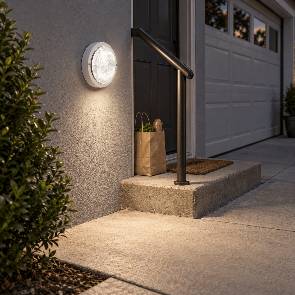 PVC Bulkhead with Clear Glass IP54 - White lifestyle image: Garage side wall, evening arrival path with warm-neutral ambience