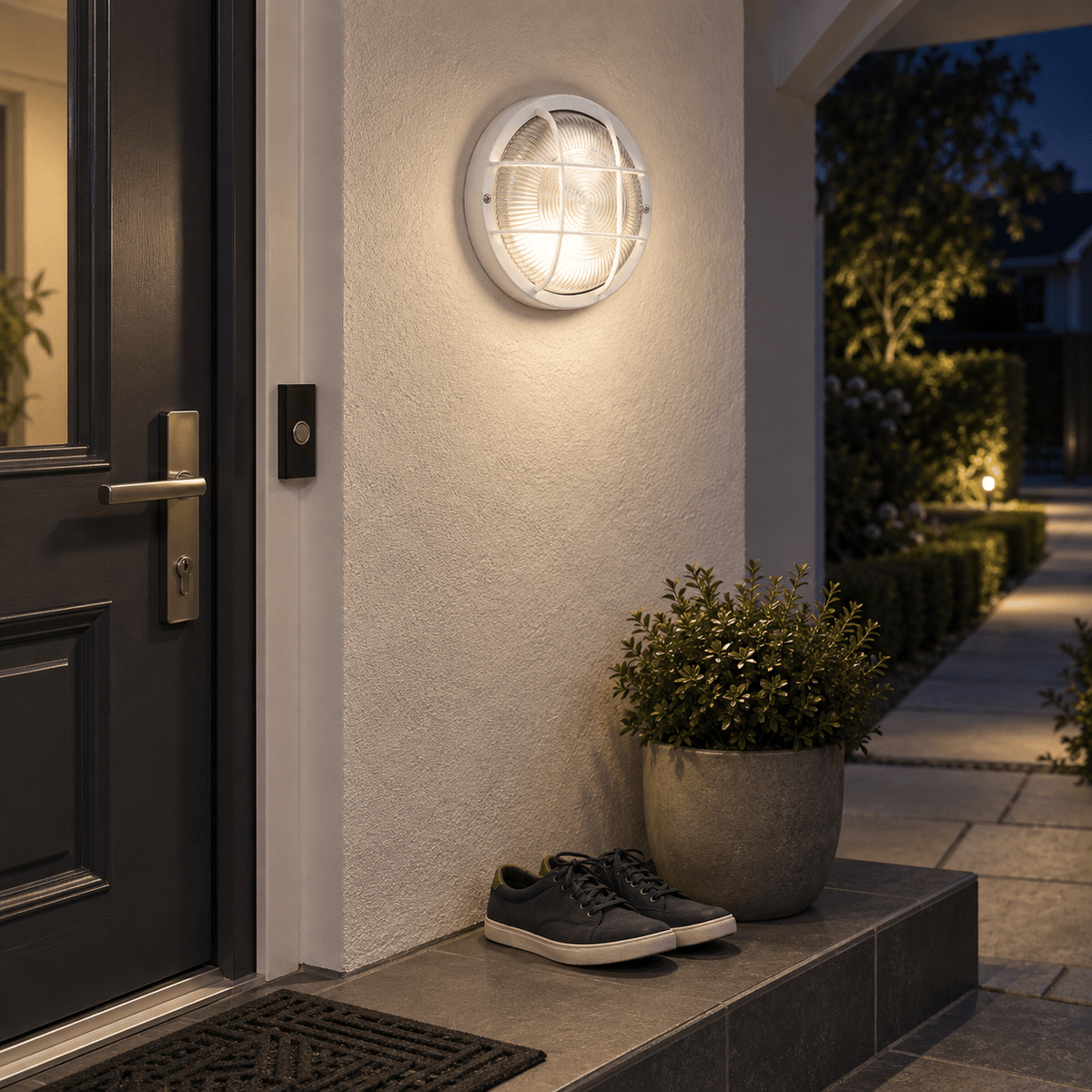 Round PVC Grid Bulkhead - Clear Glass IP44 - White lifestyle image: Front-door porch safety at night