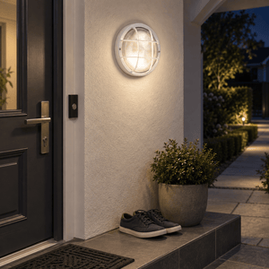 Round PVC Grid Bulkhead - Clear Glass IP44 - White lifestyle image: Front-door porch safety at night