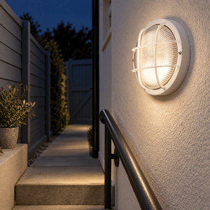 Round PVC Grid Bulkhead - Clear Glass IP44 - White lifestyle image: Side passage wall with muted blue door tones