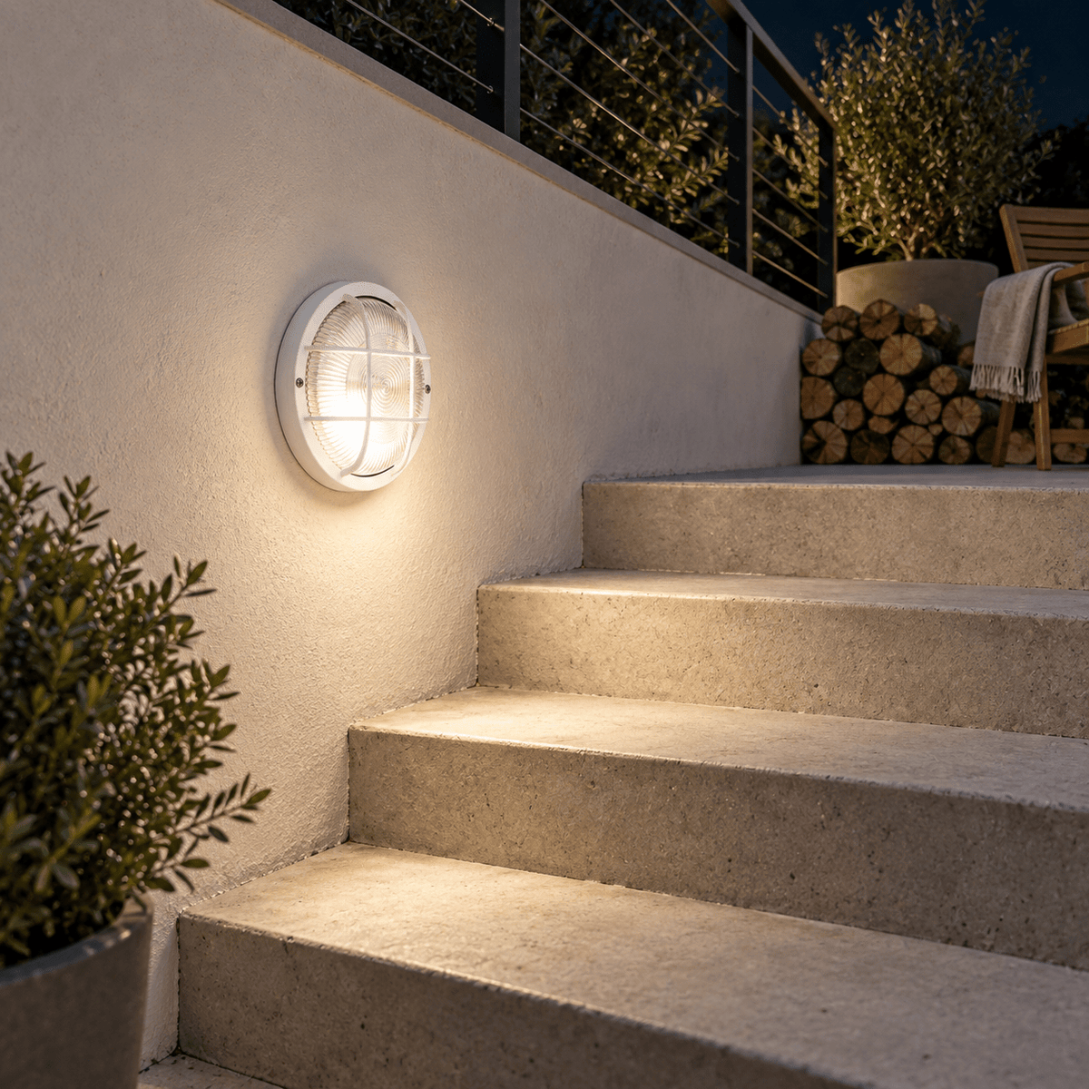 Round PVC Grid Bulkhead - Clear Glass IP44 - White lifestyle image: Patio wall beside a short stair run