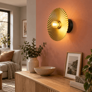 Alexander Indoor Wall Light — PROMPT 2 — Living room feature wall above a clay-pink console