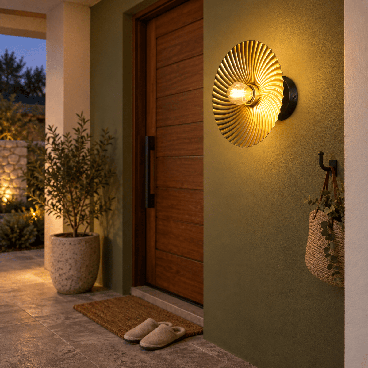 Alexander Indoor Wall Light — PROMPT 4 — Evening outdoor terrace entry wall (covered, sheltered) with warm ON glow