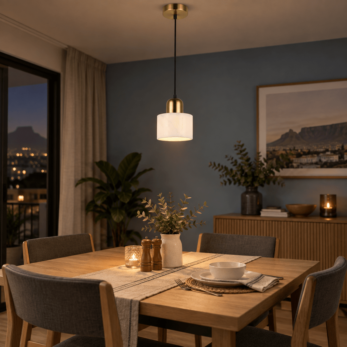 Sophia White Marble Pendant Light — PROMPT 1 — Dining table feature in a muted apartment