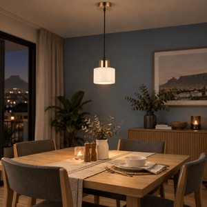 Sophia White Marble Pendant Light — PROMPT 1 — Dining table feature in a muted apartment