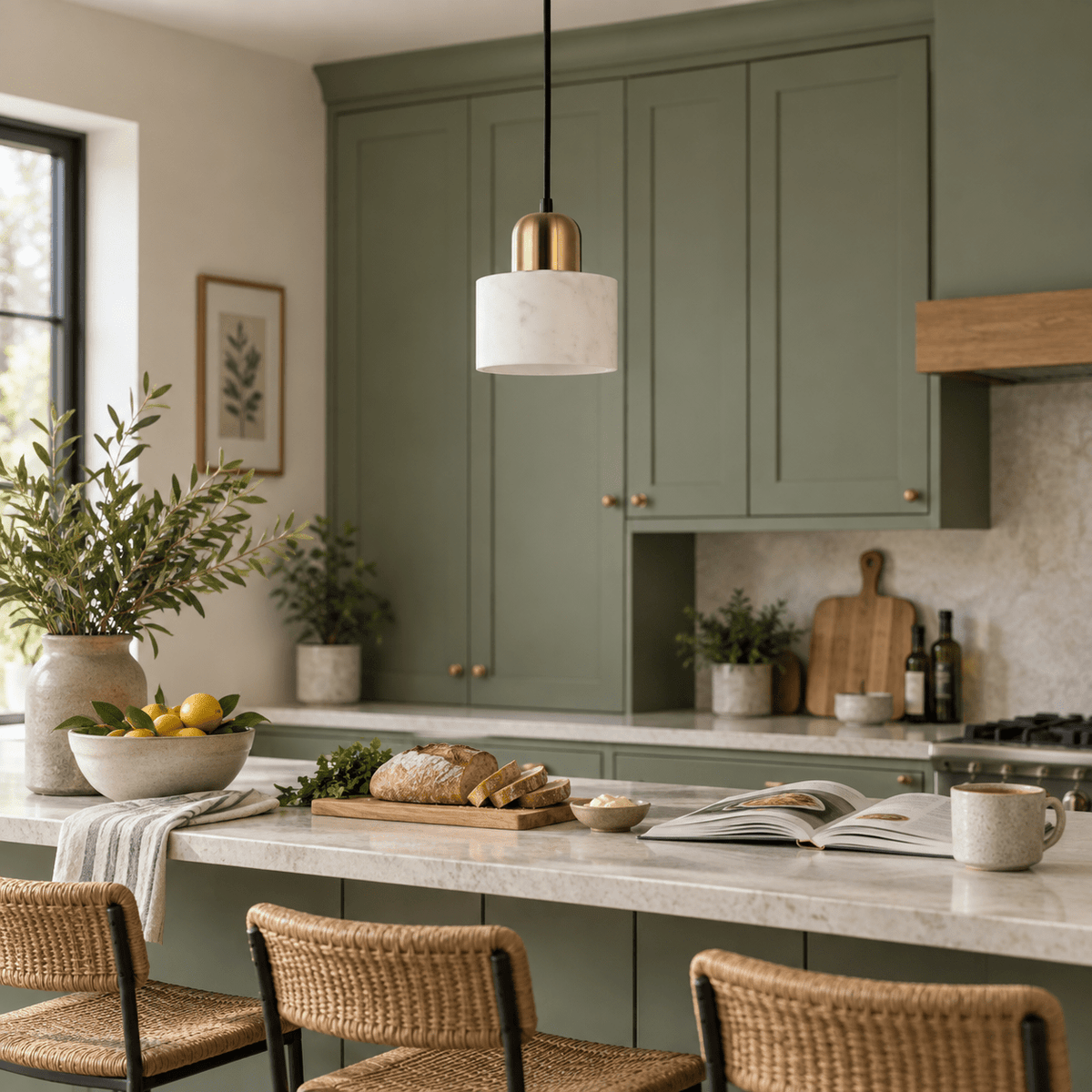 Sophia White Marble Pendant Light — PROMPT 2 — Breakfast bar prep with a muted green backdrop