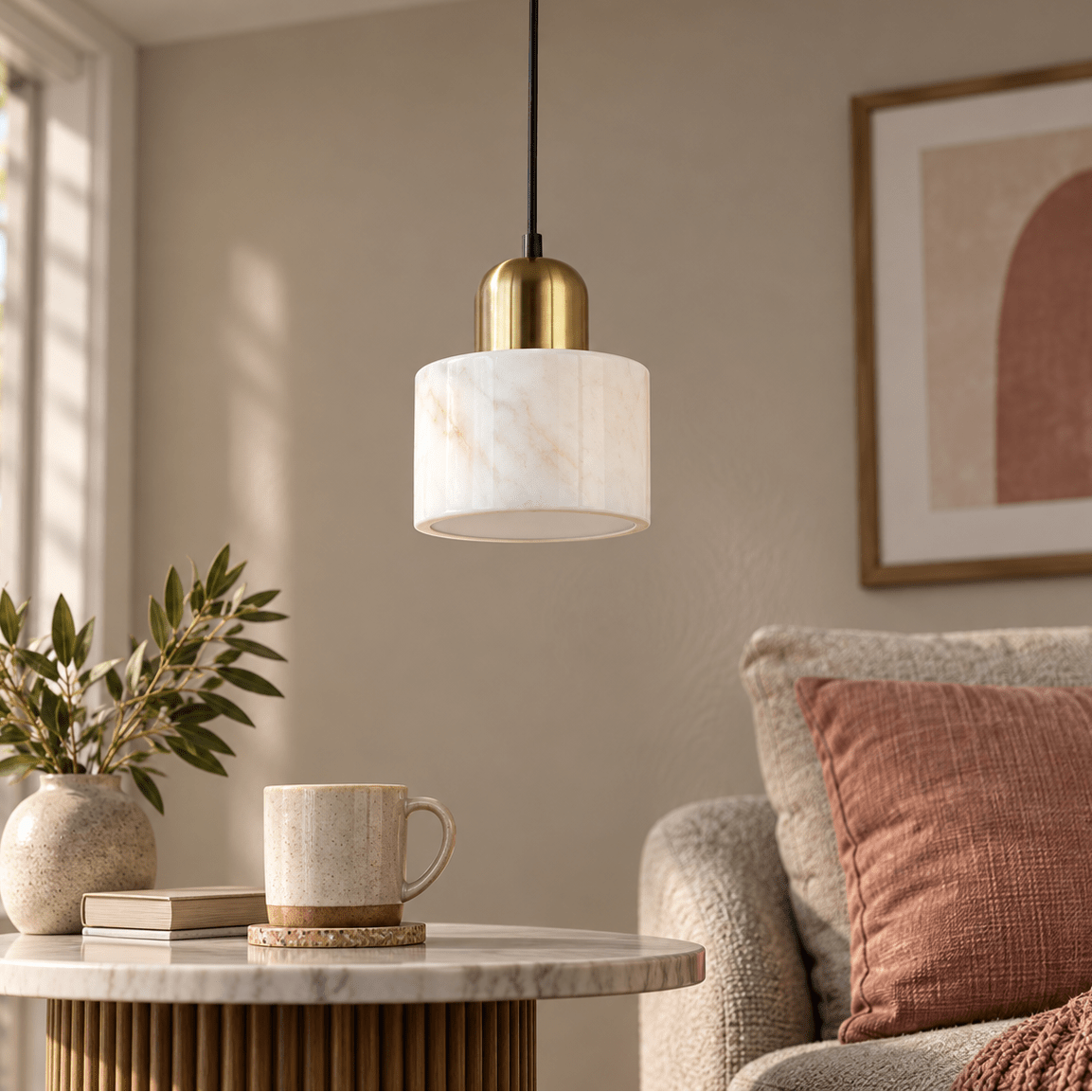 Sophia White Marble Pendant Light — PROMPT 3 — Close-up construction readable on a small side table