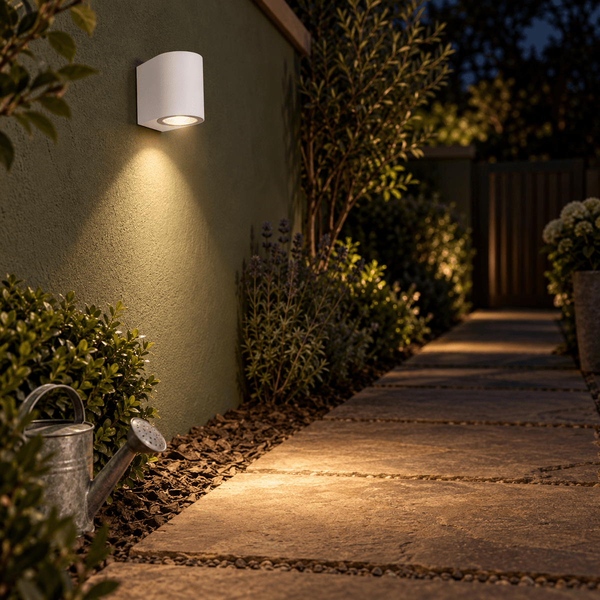 Oliver Outdoor GU10 Wall Light — PROMPT 2 — Pathway wall light guiding walkway at night