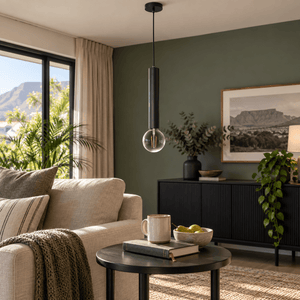 Black Flute Pendant Light Thomas — PROMPT 2 — Living room task lighting by a sideboard
